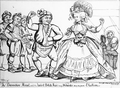 Der Devonshire Menuett, getanzt zu antiker britischer Musik durch Westminster während der Wahl, Druck von William Paulet Carey von English School